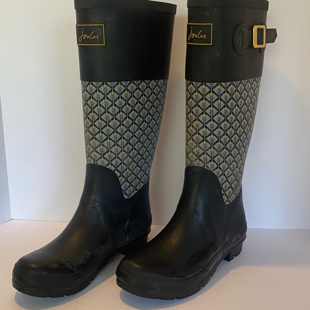 Joules Tall Rain Boots Women Size 7 Black Grey Yellow Geometric Leaf Wellies